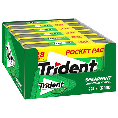 Trident Spearmint Sugar-Free Chewing Gum, 6 Pocket Packs of 28 Pieces (168 Total Pieces)...