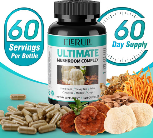 6 in 1 Mushroom Supplement - Focus, Memory, Nootropics Brain & Immune Support Mushroom Complex with Lions Mane, Reishi, Cordyceps, Chaga, Turkey T...
