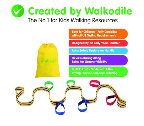Grab & Go Children's Walking Rope (6 child). Teacher Designed. Extra Safety Feature on Handles. Strong Fabric & Heavy Duty Stitching. Includes Lea...