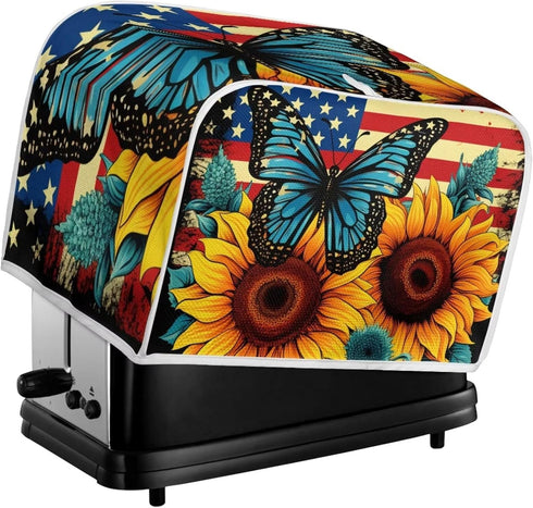 Sunflower Butterfly Print Toaster Cover 4 Slice American Flag Small Kitchen Appliance Cover, Washable Oven Cover Washable Kitchen Broiler Cover, A...