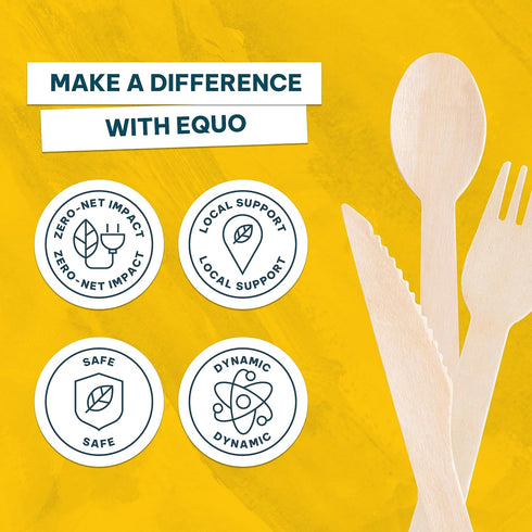 EQUO Wooden Disposable Utensil Set (Pack of 30 Forks, Spoons, Knives - 10 each) - Plastic-free, Home-compostable, Heat-safe utensils for Parties, ...