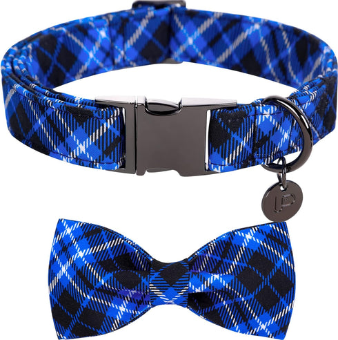 Dog Collar with Bow Tie, Cotton Dog Bowtie Collar for Medium Girl Boy Dog, Holiday Blue Dog Collar with Durable Metal Buckle, Cute Plaid Pet Colla...