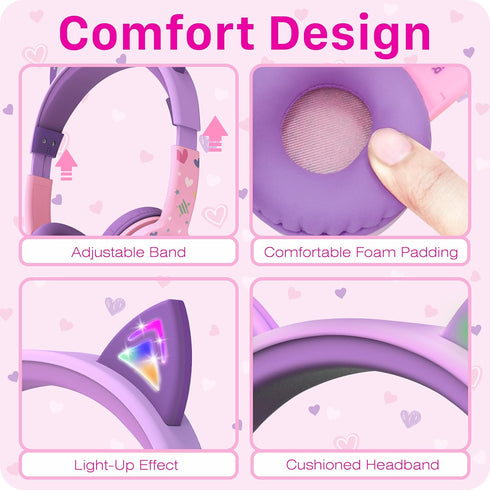 FosPower Kids Headphones with LED Light Up Cat Ears 3.5mm On Ear Audio Headphones for Kids with Laced Tangle Free Cable (Max 85dB) - Baby Pink/Lav...