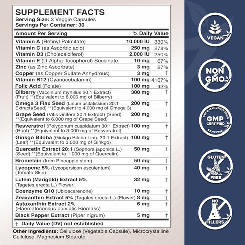 Lutein and Zeaxanthin Supplements - Eye Health Vitamins - Astaxanthin, Omega 3, Resveratrol, Bilberry, Lycopene, Quercetin, Ginkgo Biloba, Vitamin...