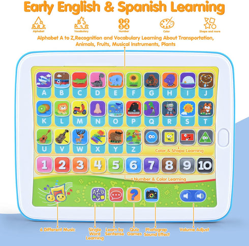 Bilingual Spanish & English Learning Toys for Toddlers 1-3, Kids Interactive Learning Tablet, Childrens Alphabet ABC / Words / Numbers / Colors Le...