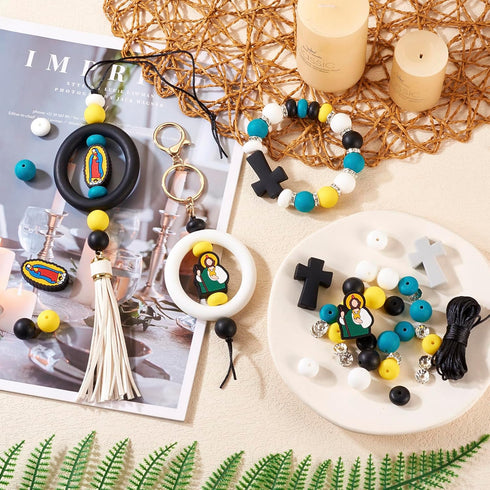 Religious Silicone Focal Beads Jesus Cross Round Abacus Soft Loose Beads Car Hanging Ornament for DIY Crafts Lanyard Keychain Accessory Making Sup...