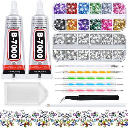Jewelry Clear Glue with Rhinestones for Crafts, 2800 Pcs Flatback Round Rinestones Set with 2PCS 25ml Glue, 5 Dotting Pen Tool, 1 Wax Pencil for D...
