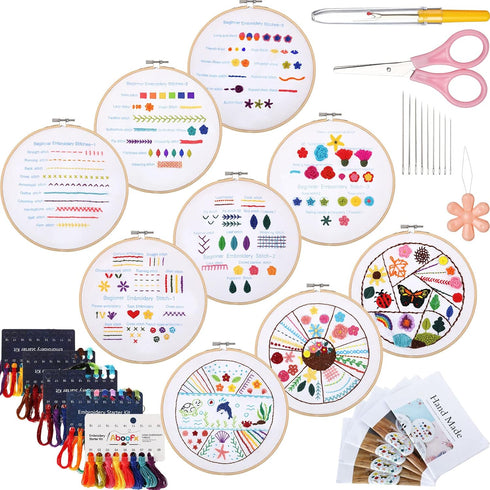Sherr 9 Sets Embroidery Stitch Beginners Practice Kits Cross Stitch Kits to Learn Different Stitches Crochet Punch Needlepoint Kits for Kids Adult...