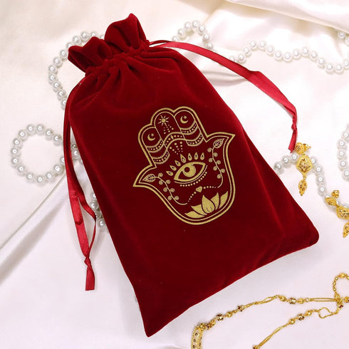 ARTSY CRAFTS 6x9" Hamsa Hand Velvet Jewelry Pouch Gift Bags, Fatima Hand Evil Eye Velvet Drawstring Oracle Tarot Card Rune bags Dice Bag (Rose Red...