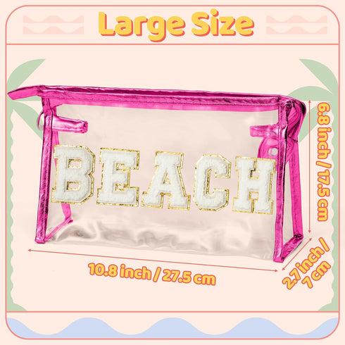 Preppy Patch Cosmetic Bag - Summer BEACH Chenille Varsity Letter Toiletry Bag Transparent PVC Zipper Makeup Bag Waterproof Portable Travel Beach B...