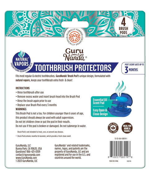 GuruNanda Brush Pods (4 Pack) - Toothbrush Head Cover for Manual & Electric Brushes - Clip-On Plastic Toothbrush Protector with Natural Essential ...