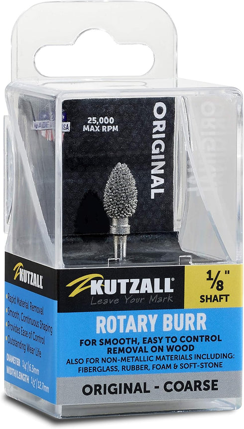 Kutzall Original Flame Rotary Burr, 1?8" Shaft, Coarse - Woodworking Attachment for Dremel, Foredom, DeWalt, Milwaukee. Abrasive Tungsten Carbide,...