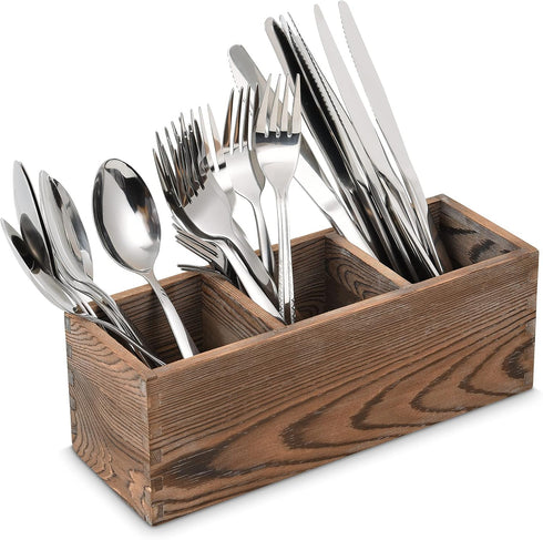 Wooden Silverware Organizer, 3 Spacious Compartments Cooking Spatula Holder, Silverware Storage Kitchen Utensil Flatware Caddy...