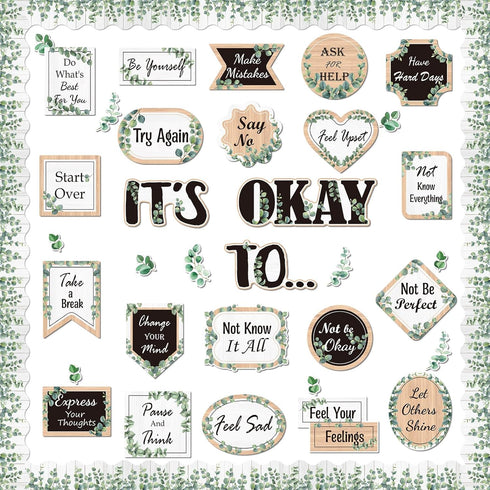 65 Pcs Mental Health Poster It's Okay to Boho Eucalyptus Groovy Bulletin Board Set Inspirational Positive Cutout for Back to School Office Classro...