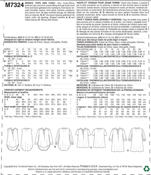McCall's Patterns M7324 Misses' Half Placket Tops and Tunic, Size E5 (14-16-18-20-22)...