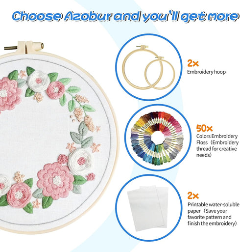 3 Sets Embroidery Kit for Beginners Adults and 2 Pieces Water Soluble Stabilizer for Embroidery?Learn 29 Different Stitches,Easy to Follow Instruc...
