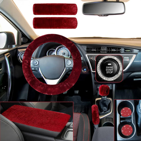 10 Pieces Fluffy Steering Wheel Covers Handbrake Cover Seat Belt Shoulder Pads Gear Shift Cover Diamond Ignition Ring Ball Key Chain Armrest Box M...