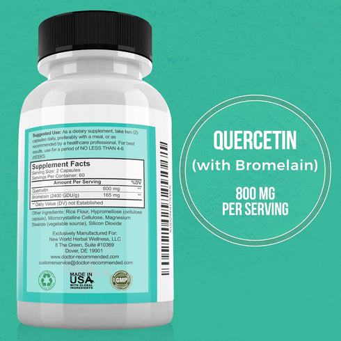 DOCTOR RECOMMENDED SUPPLEMENTS Quercetin 800mg w/Bromelain 165mg Per Serving- 120 Veggie Capsules-Full 60 Day Supply, Vitamin Supplement to Suppor...