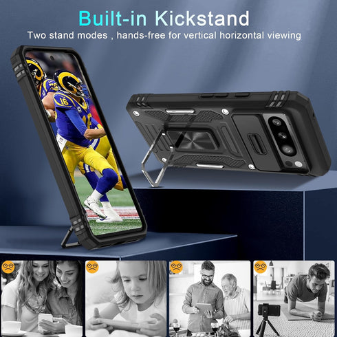 DEERLAMN for Google Pixel 8 Pro Case with Slide Camera Cover+Screen Protector (1 Pack), Rotated Ring Kickstand Military Grade Shockproof Heavy Dut...