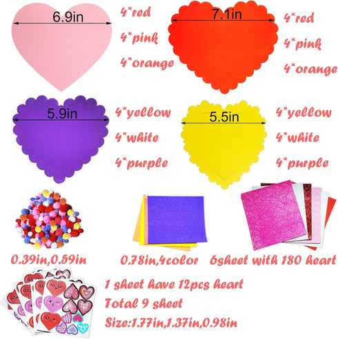 MLOLM 24 Sets Valentines Hearts Foam Craft Kits DIY Heart Ornaments Valentine Craft Kits with Foam Hearts Stickers Glitter Pom-Poms for Valentine ...