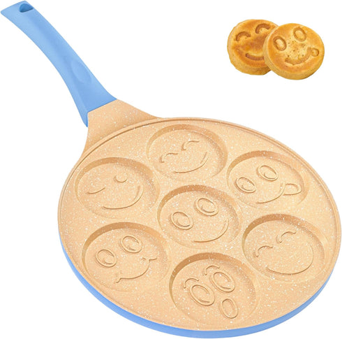 Erreke Nonstick Pancake Pan, 7 Smiley Face Pancake Griddle, Soft Touch Handle Fun Breakfast for Kids, 10.2 in Crepe Pan for Gas Stoves (Blue Color...