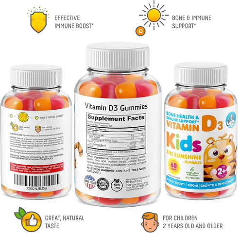 Vitamin D3 Gummies for Kids & Adults 2000 IU - High-Absorption Natural Vitamin D Kids Gummies Supplements 1000IU - Vegetarian Gelatin-Free Immune ...