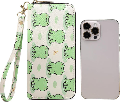 Frog Print Wallet For Women Kawaii Purse Cluth Wristlet Strap Zip Around Card Holder (Frog)...