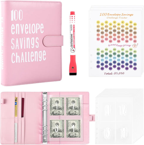 100 Envelope Challenge Binder, A5 Savings Binder with Cash Envelopes for Fun and Easy Savings $5,050 (Pink)...