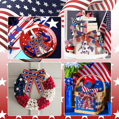 Patriotic Wired Edge Ribbon 36 Yards Red Blue White American Flag Ribbon 2.5 Inch 4th of July Stars Stripes Fabric Ribbon for Independence Day Mem...