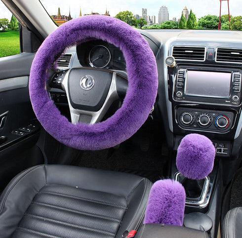 Dotesy 4 Pcs/Set Fluffy Faux Wool Car Steering Wheel Cover & Furry Auto Center Console Cover & Gear Shift Knob Cover & Handbrake Cover Universal W...