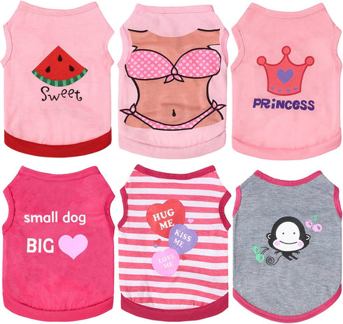 6 Pieces Dog Shirt Puppy Sweatshirt Pet Sleeveless Vest Girl Dog Clothes Doggy Female Apparel for Small to Medium Dogs Puppy Cat (Cute Patterns, S...