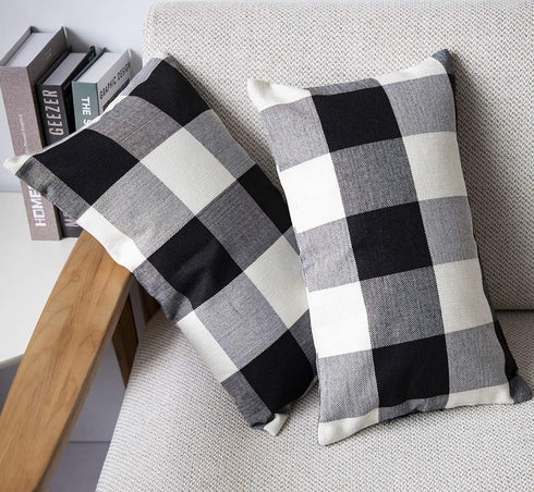 4TH Emotion Set of 2 Farmhouse Buffalo Check Plaid Throw Pillow Covers Cushion Case Polyester Linen for Fall Home Decor Black and White, 12 x 20 I...