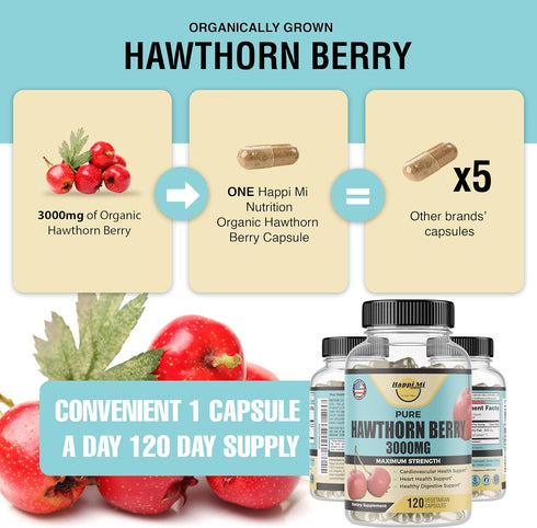 Hawthorn Berry 5:1 Extract, 3000mg per Capsule, Promotes Healthy Immune Support & Circulation, Powerful Antioxidants, 120 Veg Cap, Organic Hawthor...