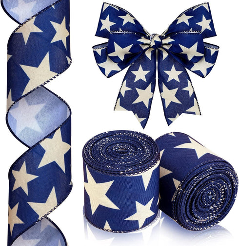 2 Rolls 20 Yard Star Blue Wired Edge Ribbon Patriotic Ribbon 2.5 Inch 4th of July Ribbon Beige Navy Blue DIY Crafts Ribbon for Party Decorations W...