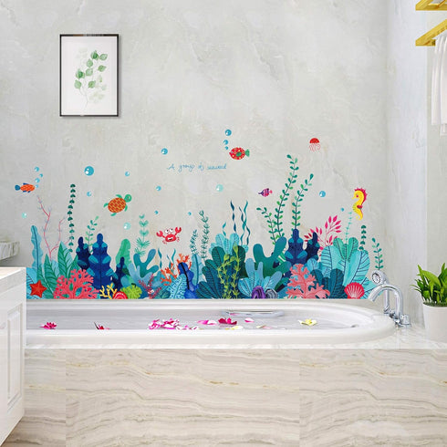 Removable 3D Under The Sea View Grass Wall Decal - DIY Ocean Coral Seaweed Stickers Murals - Peel and Stick Home Decor for Kids Bedroom, Bathroom,...