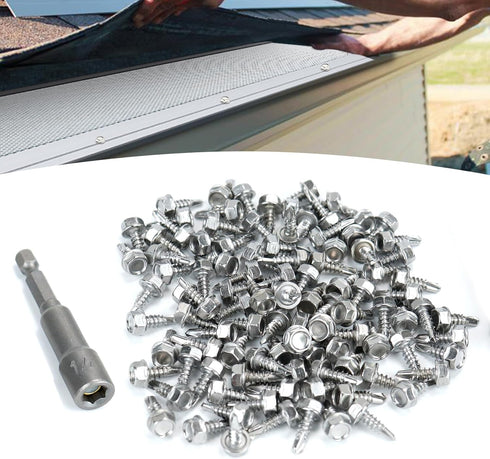 100PCS Stainless Steel Self Drilling Screw with 1/4" Magnetic Hex Driver for Gutter Guard Installation...