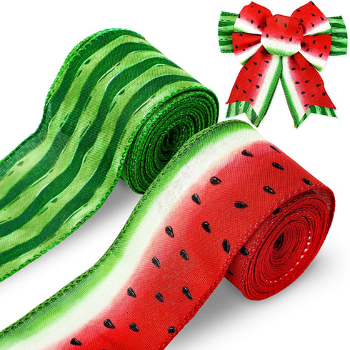 AnyDesign Summer Wired Edge Ribbon Watermelon Print Craft Ribbon Red Green Fruit Fabric Ribbon for Wreath Bow Making DIY Crafts Wrapping Party Dec...