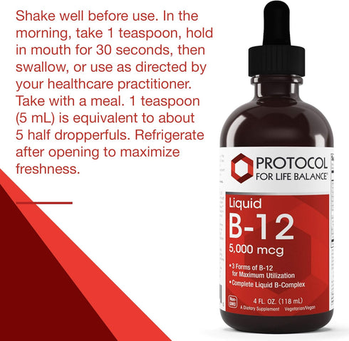 Protocol Liquid B-12 5,000mcg - Nervous System Support* - with B Vitamins - Dairy Free & Vegan Vitamin B Liquid - 4 fl oz...