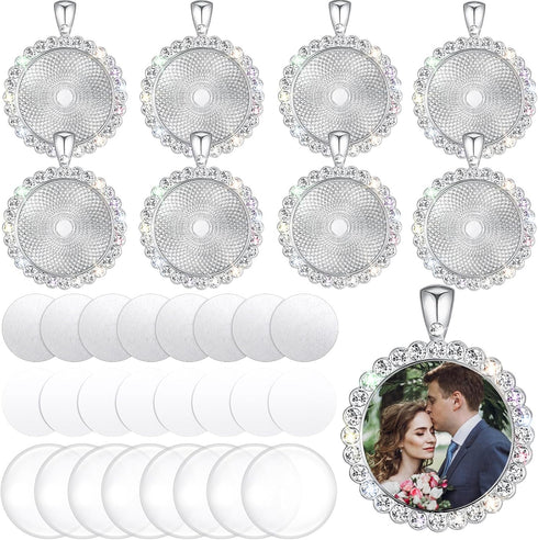Hicarer 32 Pcs Sublimation Necklace Blank Round Rhinestone Bezel Pendant Trays Set with Glass Domes Sublimation Blank Discs Double Sided Adhesive ...