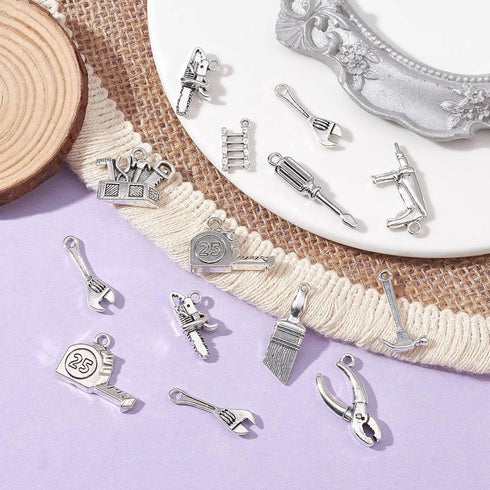 Ipotkitt 50 Pcs 10 Styles Vintage Alloy Construction Tool Charms Antique Silver Screwdriver Pliers Wrench Hammer Charms for Jewelry and Craft Maki...