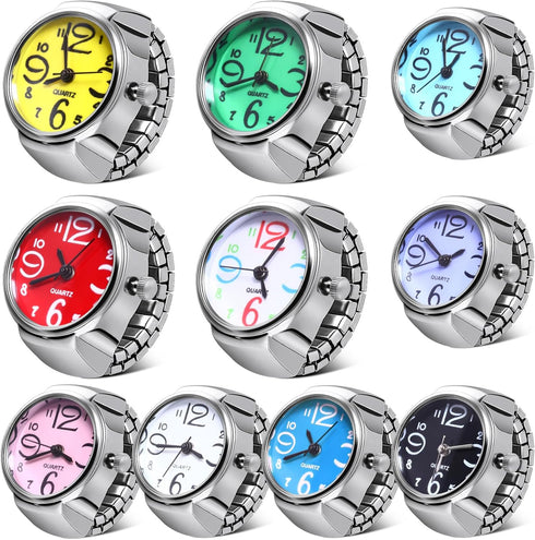 10 Pcs Finger Watches Set Adjustable Ring Watch for Women and Men Creative Elastic Round Quartz Finger Ring Watches...