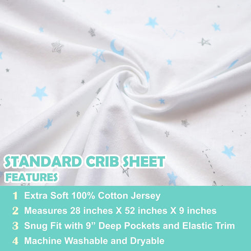 TL Care Fitted Crib Sheet 28" x 52", Soft Breathable Neutral 100% Cotton Jersey Sheet, Blue Stars and Moon, for Boys and Girls, Fits Crib and Todd...