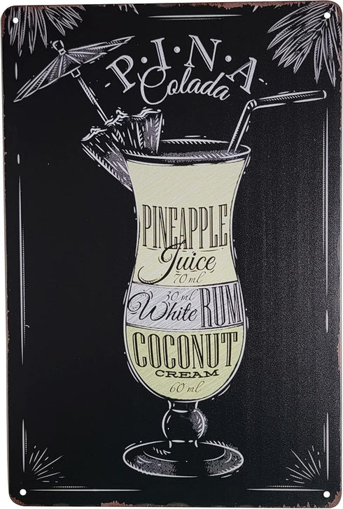 8" x 12" Popular Cocktails and Drink Bar Mix Recipes Menu for Bartenders on Metal Tin Sign Wall Decor Plaque Poster (PINA COLADA)...