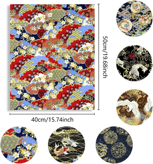 Japanese Fabric,Asian Fabric Squares 6 PCS,6 Different Black Japanese Wrapping Cloth Fish Floral Red Crowned Crane Patterned Fabric Bundles 19.6 x...
