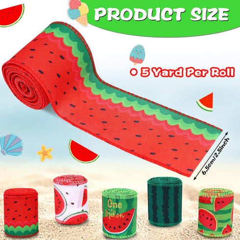 25 Yard Watermelon Wired Edge Ribbons, 5 Rolls Watermelon Print Summer Ribbons Watermelon Slices Plaid Ribbon Stripe Craft Ribbon for Gift Wrappin...