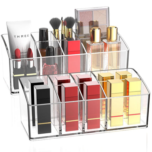 2pcs Makeup Organizer - Makeup Brush Holder Storage Organizer with 7 Slots,Clear Makeup Organizer for Cosmetics, Nail Polish, Art Supply, Bathroom...