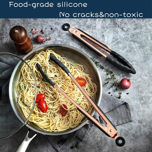 KAISHANE Kitchen Food Tongs-Rose Gold Tongs Copper Stainless Steel Silicone Tipped Kitchen Food BBQ and Cooking Tongs Set 9” and 12” for Non Stick...