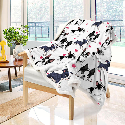BlessLiving Boston Terrier & Frenchie Dog Plush Blanket - Red Heart Cute Puppy Dog Cozy Fleece Throw for Kids, Girls & Women - White - 50 x 60 Inc...