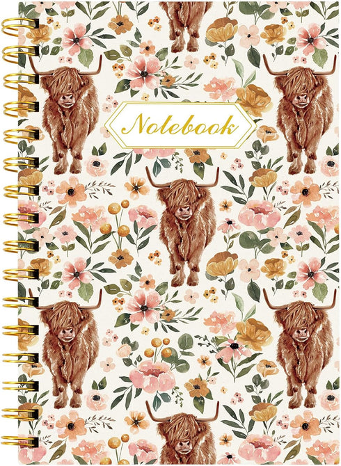 Highland Cow Floral Spiral Journal Notebook 80 Sheets A5 Watercolor Flower Cow College Ruled Notebook Strong Twin-Wire Binding with Premium for Sc...
