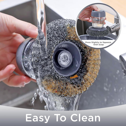 Stainless Steel Scrubber with Soap Dispensing Handle, Heavy Duty Pot Scrubber, Palm Brush with Replaceable Steel Wool Scouring Pad Used for Dishes...